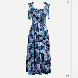 Smocked tie-shoulder dress in retro floral